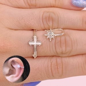 Conjunto Anillo Cruz y Aro Cuff Ajustable Lucero Plata 925